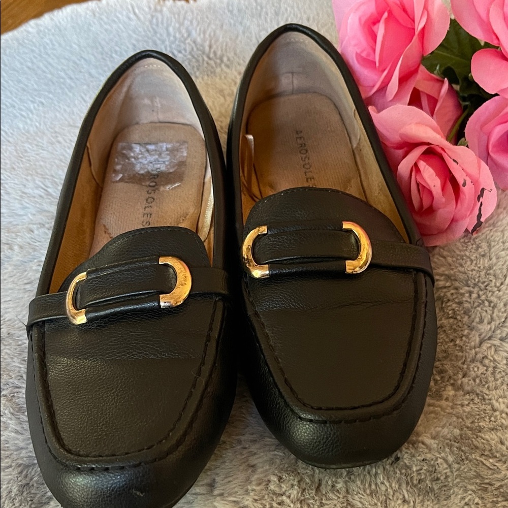 Aerosoles Black Loafers with Gold Buckle Accent